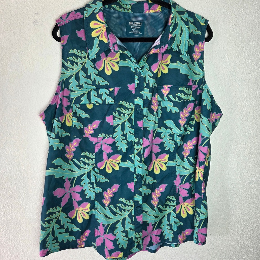 Reel Legends Sleeveless Fishing Shirt Tropical Floral‎ Vented Mesh Back 2X - Picture 2 of 9
